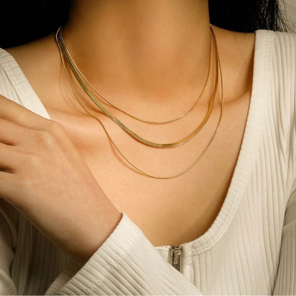 Gold 14k Gold Plated Herrinbone Layered Necklace